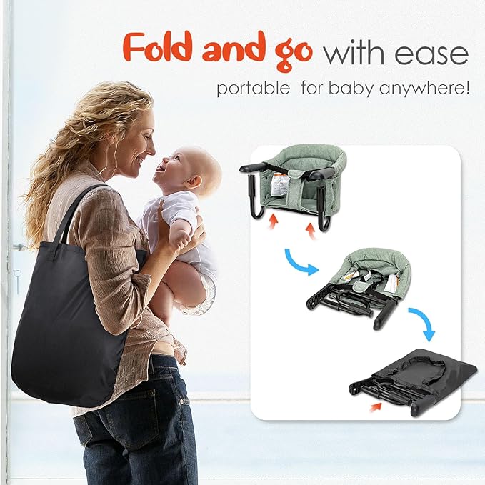 Hook On High Chair - Portable & Foldable for Babies 6-36 Months, Family & Travel Use with Carry Bag(Sage Green)