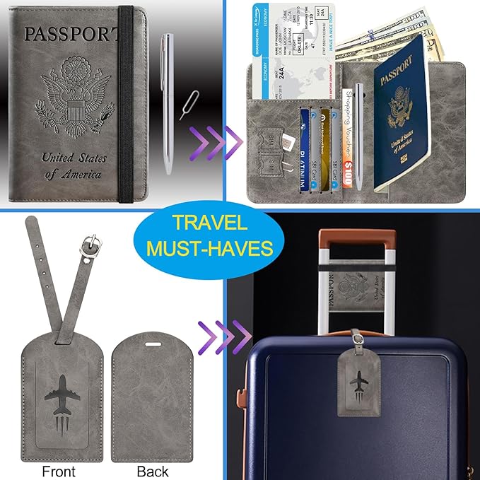 Passport Holder With Luggage Tag Travel Essentials Passport Cover Wallet RFID Blocking Leather Case International Must Haves Travel Accessories Women Men(115#Grey)