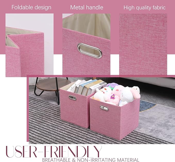 Pink Cube Storage Organizer Bins 13x13x13 Inch, 4 Pack Collapsible Organization Baskets with Handles, Thick Fabric Foldable Storage Boxes for Kallax Shelf Bookcase Closet Cabinet