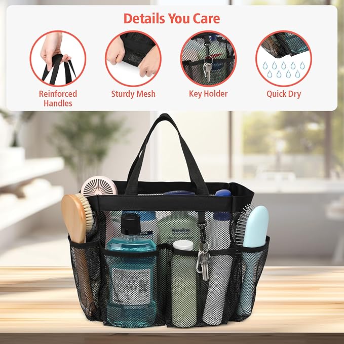 F-color Mesh Shower Caddy Portable with Dividers - Upgrade Deeper 7 Pockets Dorm Room Essentials with S Hook, Shower Bag Basket Tote for Guys Girls College Camping Toiletry Bathroom, Black