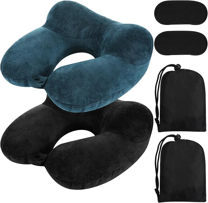 Sintuff 2 Pack Inflatable Travel Pillow for Airplanes Inflatable Neck Flight Pillows with Compact Bag and Blindfold for Traveling, Airplane, Train, Car, Office(Peacock Green and Black)