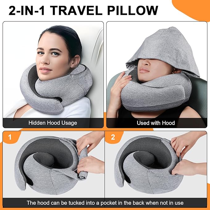 Travel Pillow - Hooded Neck Pillow Airplane Memory Foam Filling for Plane, Office, Cars Sleeping, Road Trip, Long Flights, Portable Plane Accessories, Includes Eye Mask & Earplugs (Light Gray)
