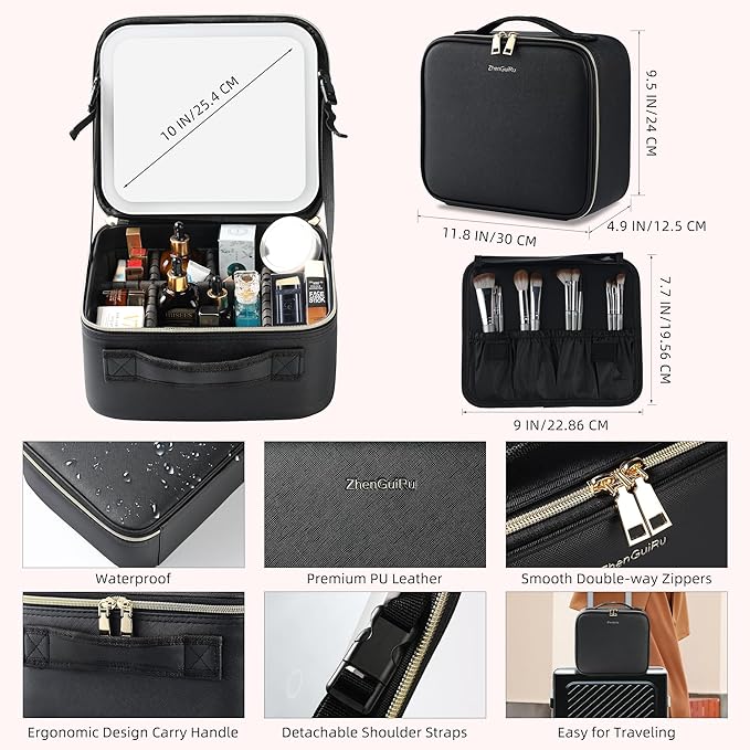 Travel Makeup Bag with LED Mirror – Waterproof Cosmetic Train Case with Adjustable Dividers, Portable Makeup Organizer and Toiletry Bag for Women, Teens & Girls Gift, Black