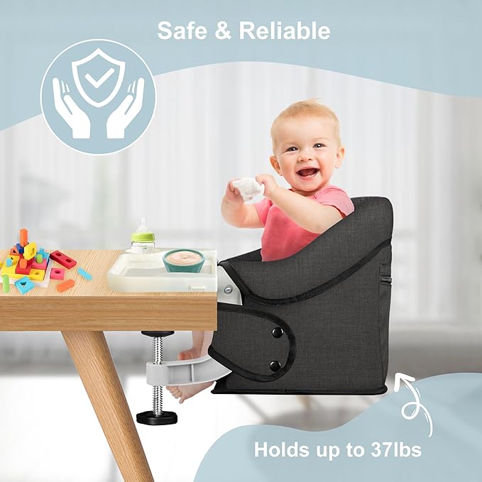 Hook On High Chair, Jozzve Clip on High Chair with Removable Dining Tray for Babies and Toddlers, Fold-Flat Storage Portable Baby Feeding Seat, Attach to Fast Table Chair for Home Travel (Bright Blue)