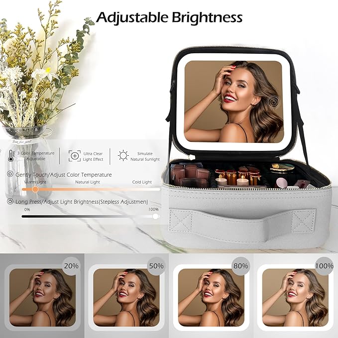 MOMIRA Makeup Bag with Mirror and Light Travel Makeup Train Case Cosmetic Bag Organizer Portable Artist Storage Bag with Adjustable Dividers Makeup Brushes Storage Organizer Silver