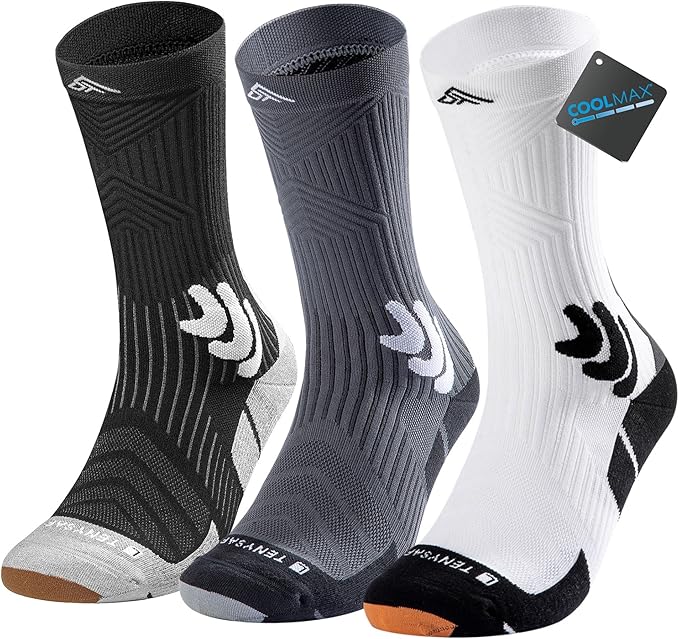 Men's Compression Running Socks: Coolmax Athletic Crew Socks Moisture Wicking Anti-Blister Cushion for Hiking 3 Pairs