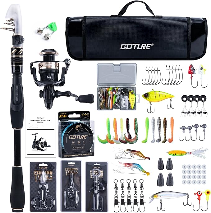 Goture Fishing Rod and Reel Combo - Carbon Fiber Telescopic Fishing Pole - Spinning Reel 9+1 Shielded Bearings Stainless Steel BB - A