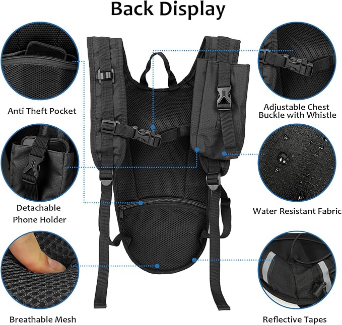 Lightweight Hydration Backpack 2L Water Bladder Pack for Running, Cycling, Hiking – Anti-Theft Water Backpack with Phone Holder, Trekking Pole Holder & Reflective Strips for Men & Women