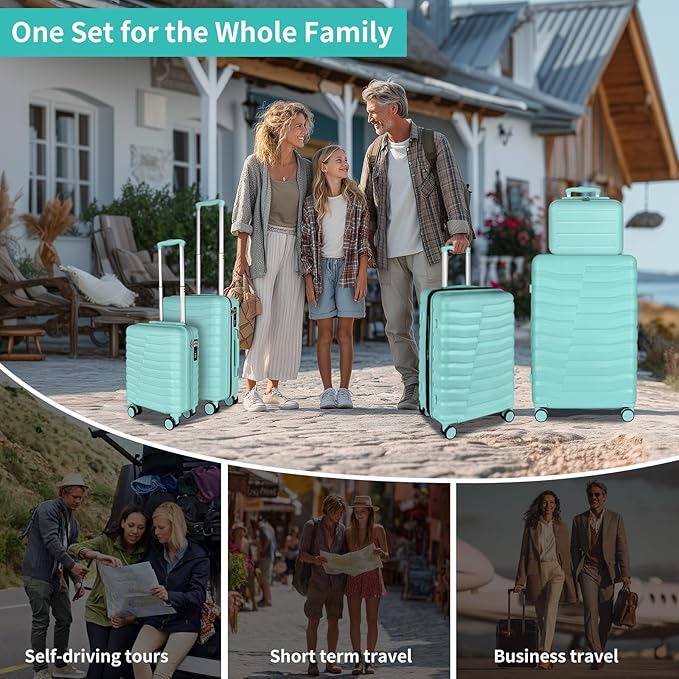 5-Piece Luggage Set, Lightweight ABS+PC Hard Shell Suitcase with YKK Zipper & TSA Lock for Family, MInt Green, 14in/18in/20in/24in/28in