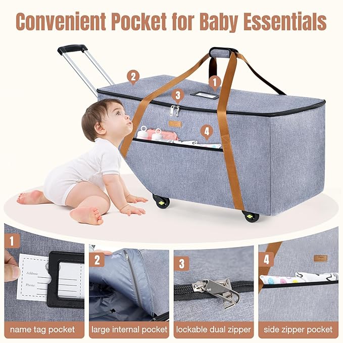 Infant Car Seat Travel Bag with Wheels Fits Chicco KeyFit 30,Nuna Pipa, UPPAbaby MESA,Padded Car Seat Bags for Airplane, Gate Check Bag with Side Pocket,Removable Cover for Air Travel, Grey