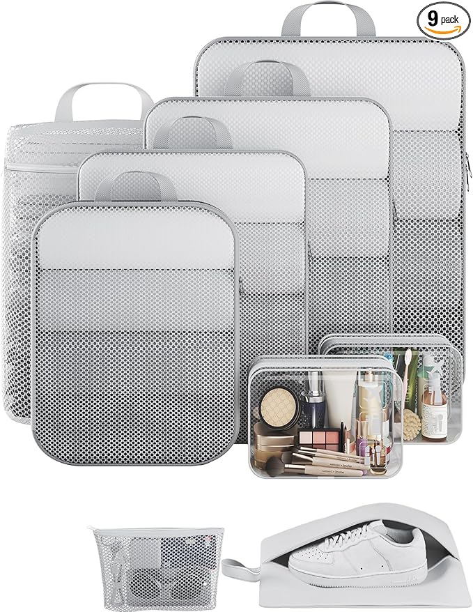 Veken 9/11 Set Compression Packing Cubes for Travel Essentials,Compressible Expandable Large Luggage Suitcase Organizer Bags for Clothing,Durable Space Saver Storage Bags with Toiletry Bags(White)