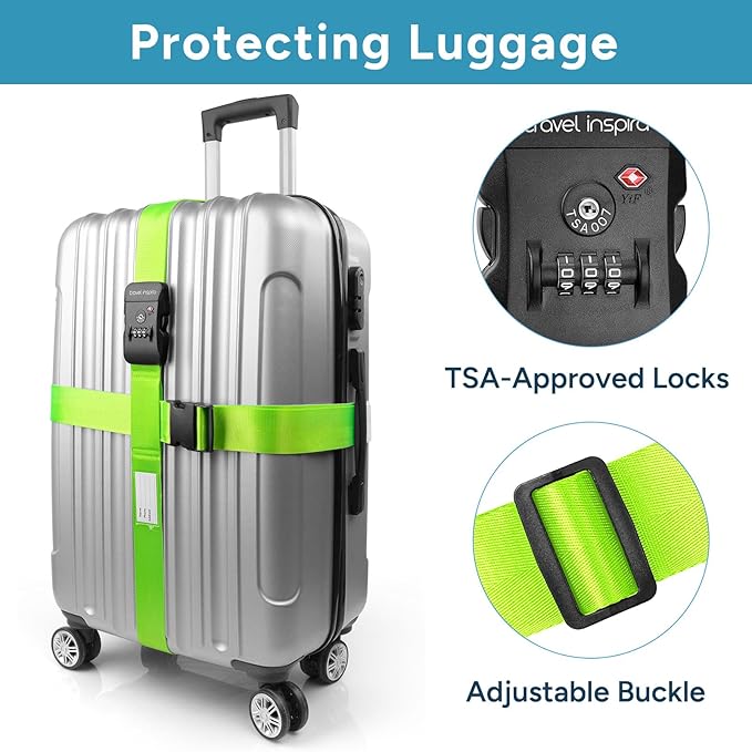 Luggage Straps with TSA Lock, Travel Belt for Luggage, TSA Approved Luggage Straps, 3-Dial Combination Locks Adjustable Suitcase Belt, Quick-Release Buckle (Green), 2 Pack