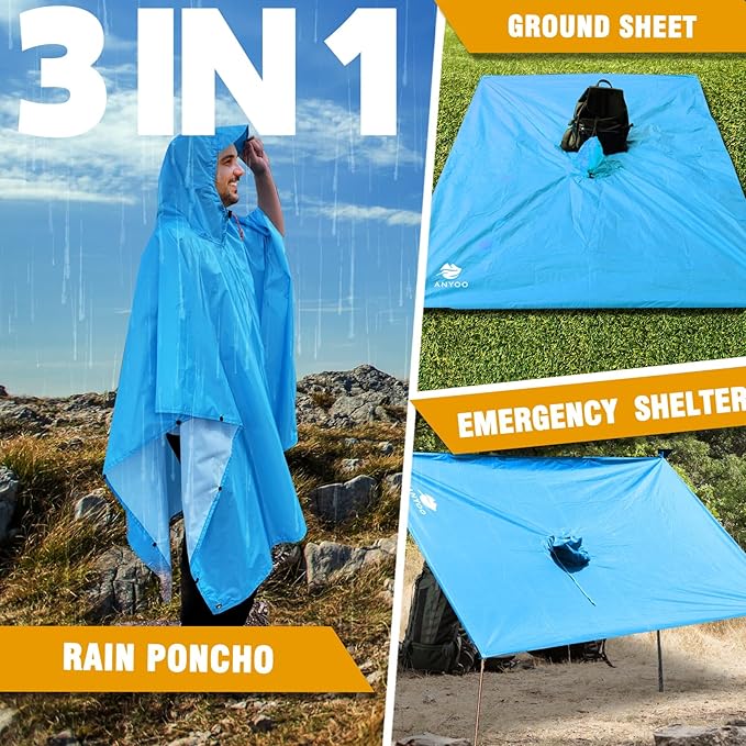 ANYOO Hooded Rain Poncho for Adults Waterproof Lightweight Rain Coat for Men Women Reusable Rain Jacket for Emergency Outdoor