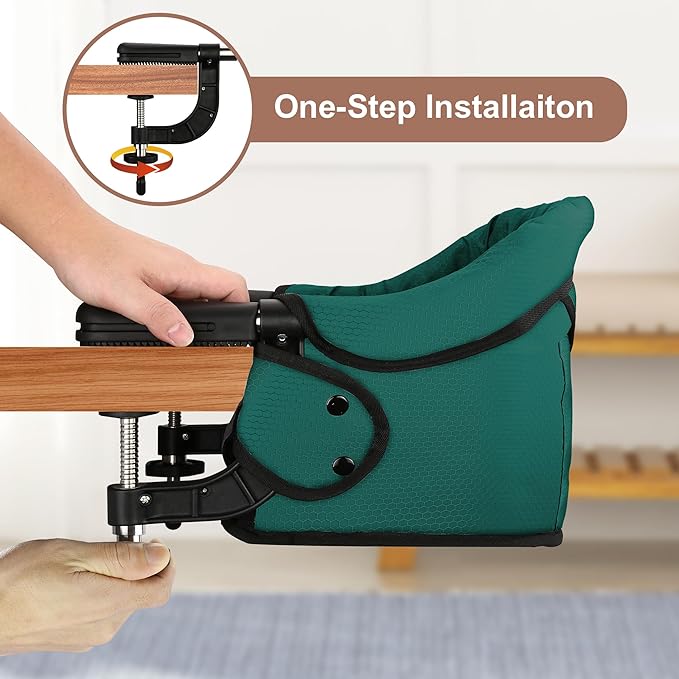 Hook On Chair, Safe and High Load Design, Fold-Flat Storage and Tight Fixing Clip on Table High Chair, Removable Seat Cushion, Attach to Fast Table Chair (Dark Green)