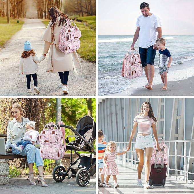 Diaper Bag Backpack for Baby Girl, Multifunction Waterproof Diaper Bag for Mom Dad, Large Pink Floral Baby Diaper Bags, Baby Essentials Travel Bag with Stroller Straps, Large Capacity, Stylish