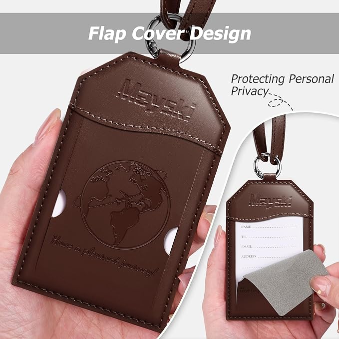 Mayski Luggage Tags for Suitcases 3 Pack Suitcase Bag Tags, TSA Approved, Metal Buckle, Bag Tags with Name ID Card Travel Essentials, Brown Global