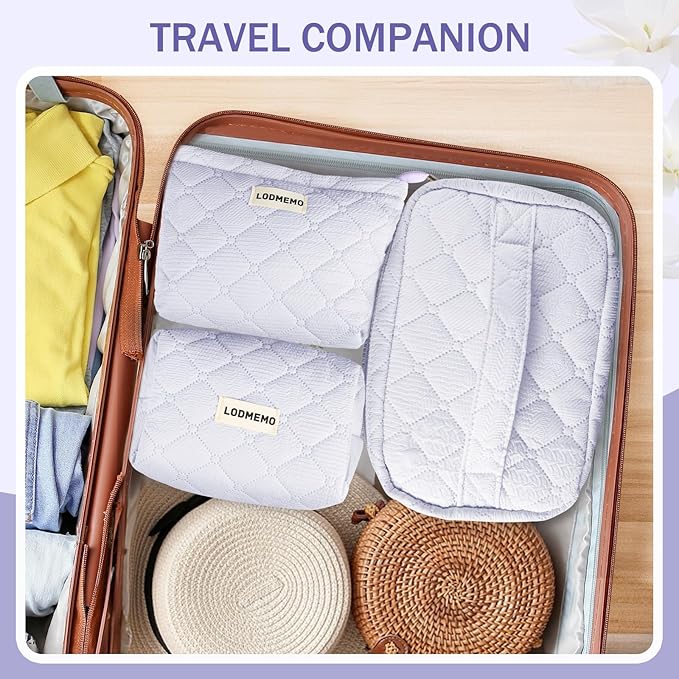 Makeup Bag 3 PCS Cosmetic Bags for Women, Large Travel Make up Bag Set Cute Cotton Toiletry Bag Organizer Pouch for Purse, Purple