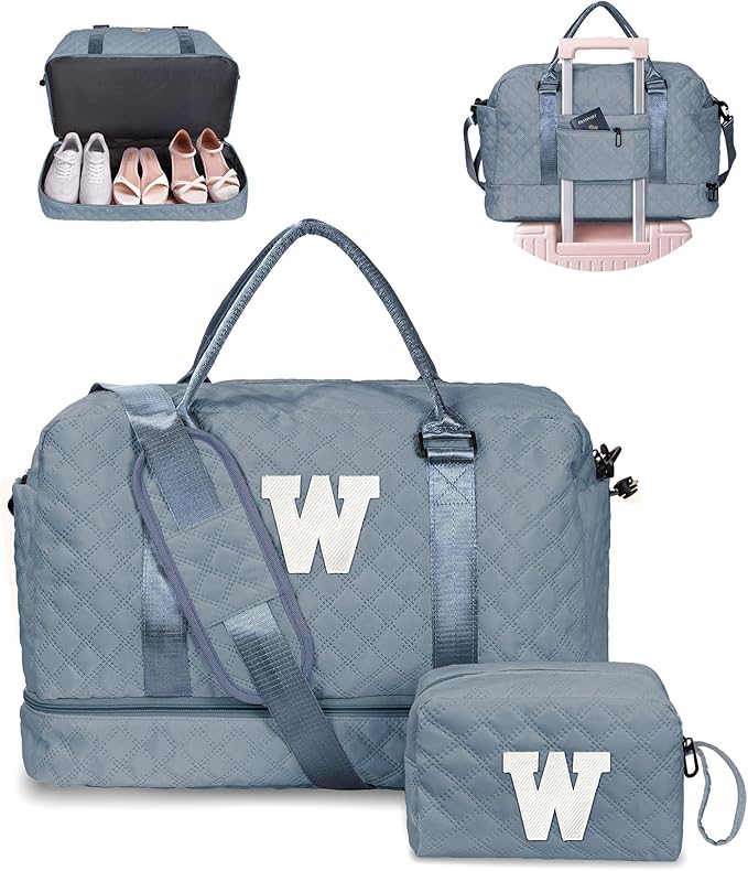 Duffle Overnight Bag for Women, Personalized Weekender with Detachable Shoulder Strap and Waterproof Monogram Pocket, Monograms Included, Perfect Travel/Letter Bag Gift for Friends and Family