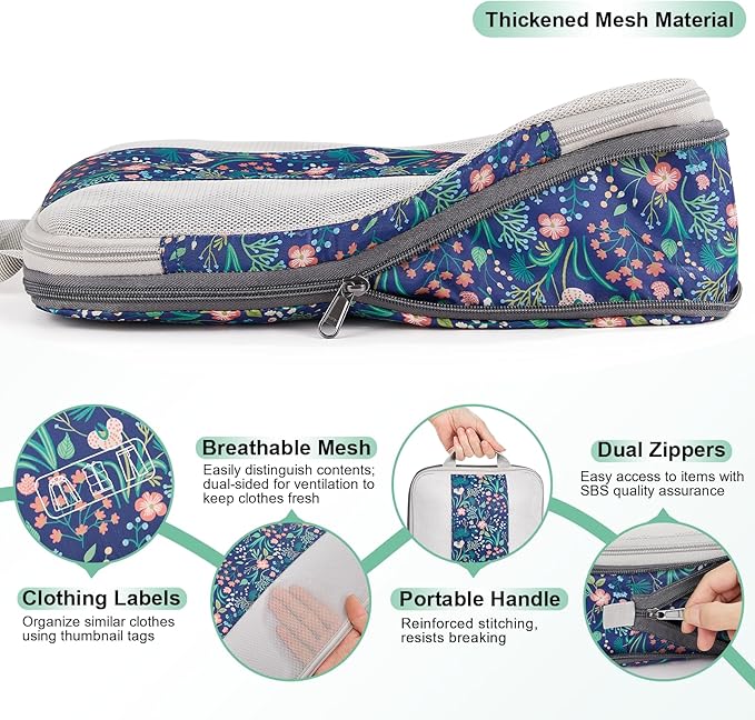 2 Set Compression Packing Cubes for Travel Essentials,Compressible Expandable Packing Cubes for Suitcase,OlarHike Luggage Organizer Bags for Travel(Dark Blue Floral)