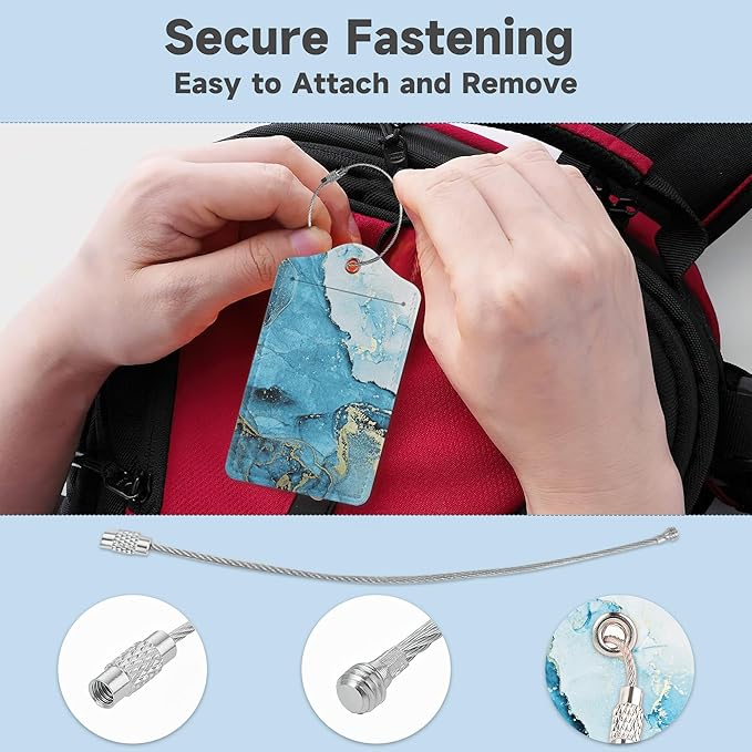 Set of 2 Luggage Tags for Suitcases, Leather Blue Fluid Marble Baggage Tags with Stainless Steel Loop, Privacy Name ID Card Cover Kawaii Travel Labels for Women Men Kids Girls