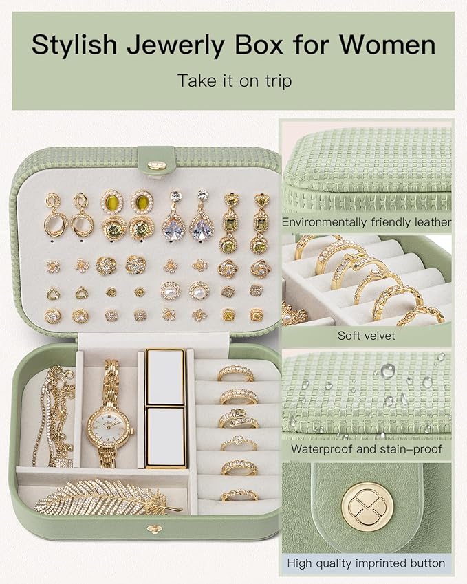Vlando Travel Jewelry Case, PU Leather Travel Jewelry Box with Earring Holder, Portable Display Small Jewelry Box for Mothers Day Women Girls Gift - Green