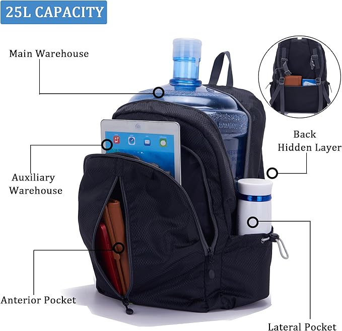 YZAOLL 25L Lightweight Packable Hiking Backpack Waterproof Hiking Daypack for Women Men Gym Backpack Travel Camping Vacation,Black