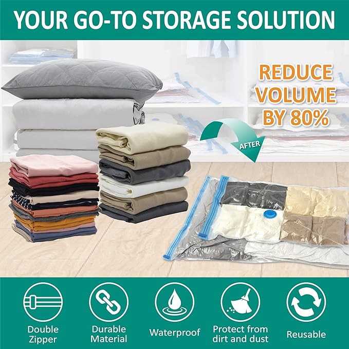 6 Jumbo Vacuum Storage Bags, Space Saver Bags Compression Storage Bags for Comforters and Blankets, Vacuum Sealer Bags for Clothes Storage, Hand Pump Included