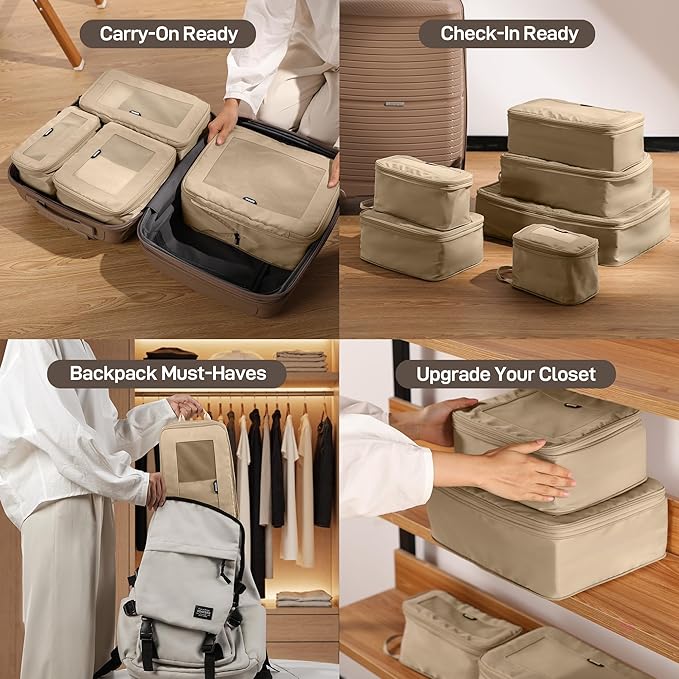 EPICKA TripCozy Compression Packing Cubes - 4 Set Durable Travel Organizer Bags with Mesh Top, Expandable Travel Accessories for Carry on, Luggage, Suitcase, Backpack (Khaki)