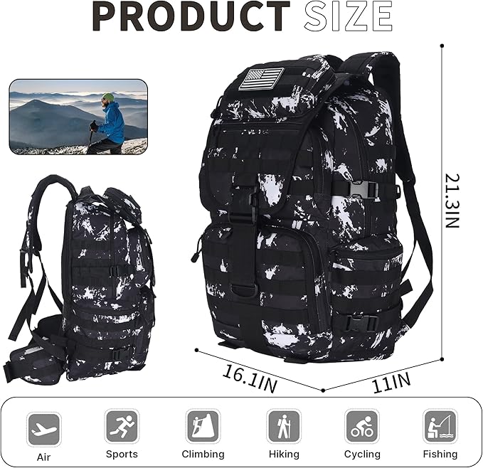 50L Military Tactical Backpack Hiking Waterproof Backpack Large Military Pack 3 Day Assault Pack Molle Bag Rucksack (Black Lightning)