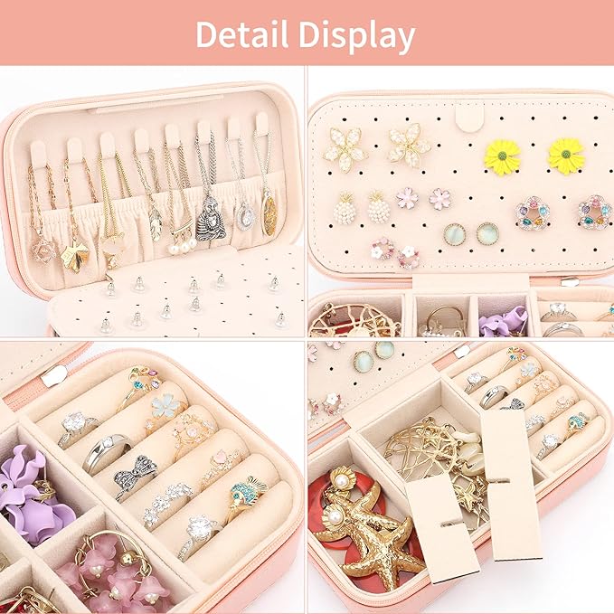 DesignSter Travel Jewelry Box, PU Leather Portable Jewelry Case, Small Jewelry Boxes for Gifts, Travel Jewelry Organizer for Women Rings Earrings Necklaces Bracelets (Dusty Pink)
