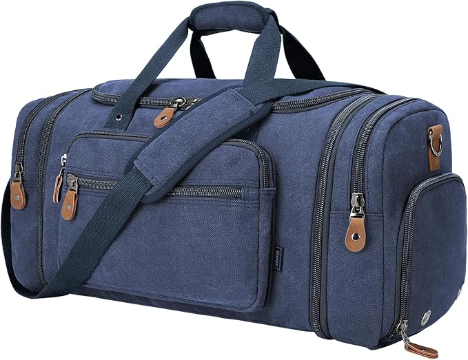 Gonex Canvas Duffle Bag 60L Travel Duffel Overnight Weekend Bag with Shoe Compartment (Blue)