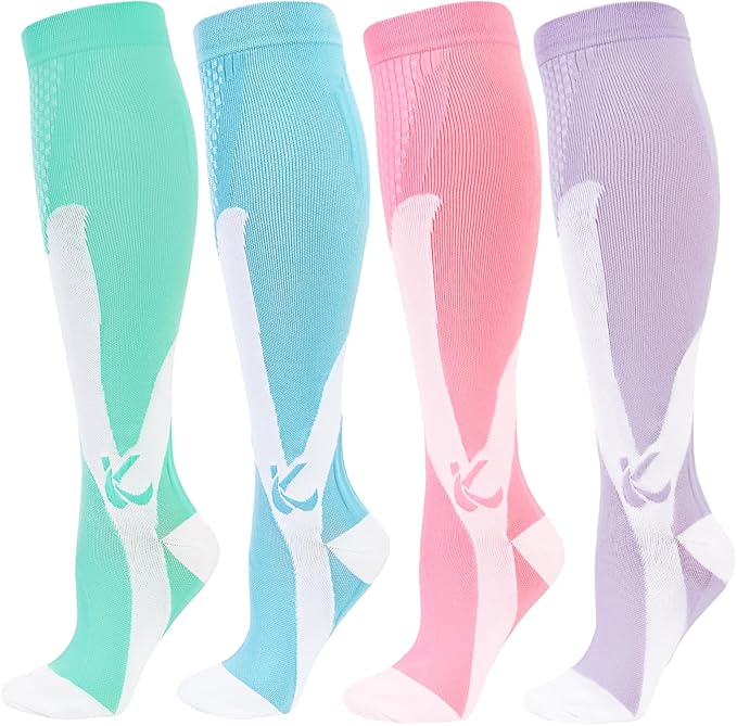 Kickticks 4 Pairs Compression Socks for Woman & Man Unisex 20-30mmHg Knee high Plus Size Wide Calves for Flying Running…