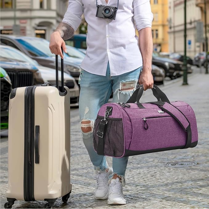 TOPDesign Gym Bag for Women & Men, Unisex Duffel Bag with Shoe Compartment & Wet Pocket for Travel Sports Gym (L Textured Purple)