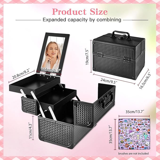 Makeup Train Case, Portable Makeup Case with Mirror, 2-Trays Cosmetic Organizer Case,Nail Polish Organizer, Travel Makeup Box, Profesional for Salon Barber, Black