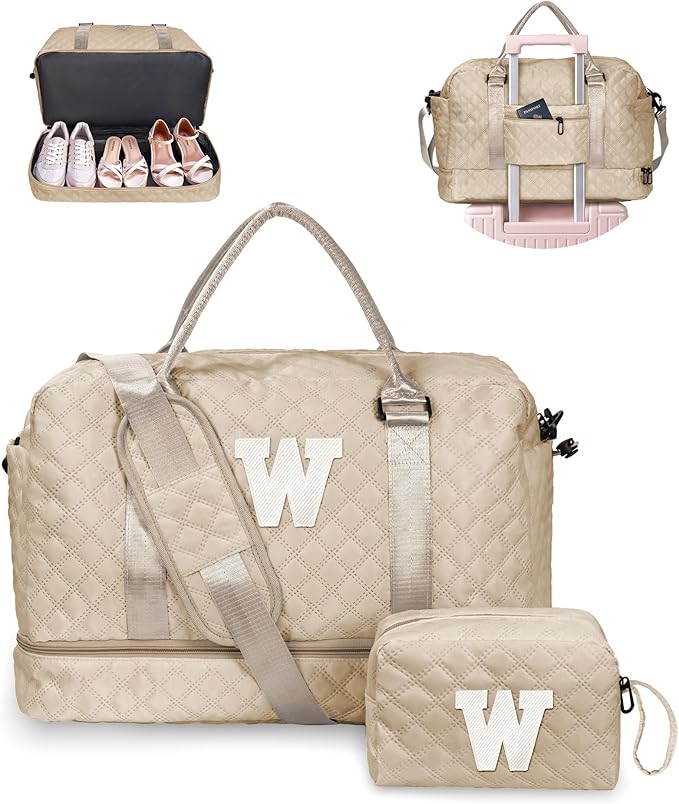 Stuff for Girls 17-18, Gifts for Women-Initial Travel Bag with Shoe Compartment, Personalized Weekender Bag, Monogram Overnight Bag for Women, Letter Travel Bag with Makeup Bag (Letter W)