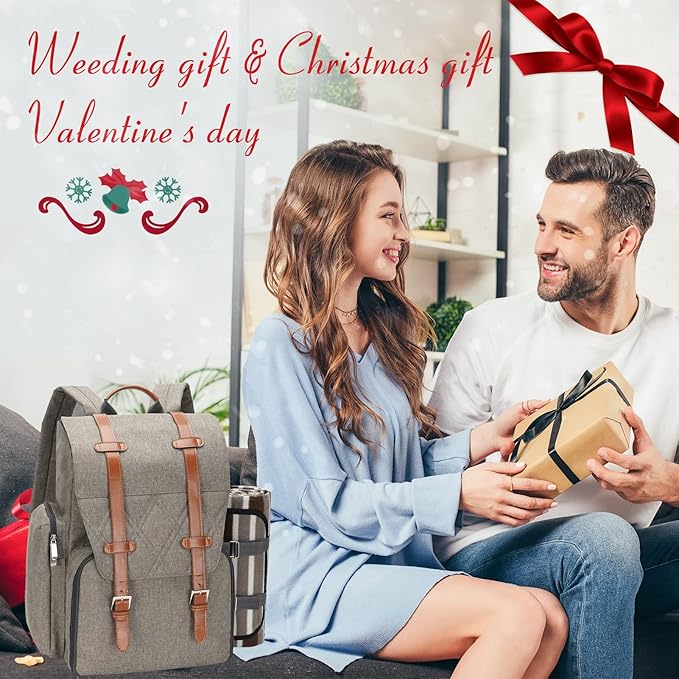 Picnic Backpack for 2 Person with Large Insulated Cooler Bag, Picnic Basket Set with Wine Pouch, Waterproof Picnic Blanket & Cutlery Set. Perfect for Beach, Camping,Wedding Gift for Couple.Beige