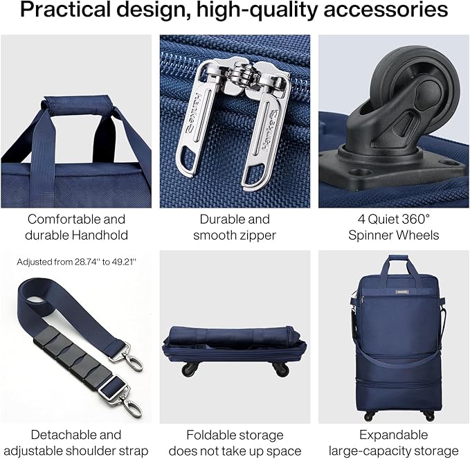 Hanke Suitcases with Wheels Expandable Foldable Luggage Bag Suitcase Collapsible Rolling Travel Bag Duffel Bag for Men Women Lightweight Suitcases without Telescoping Handle, Blue