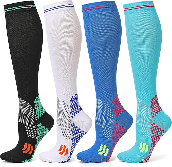 Kickticks 4 Pairs Compression Socks for Woman & Man Unisex 20-30mmHg Knee high Plus Size Wide Calves for Flying Running…