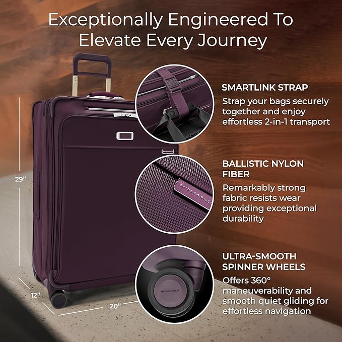 Briggs & Riley 29" Large Expandable Spinner - Checked Luggage for Travel, Suitcases with Wheels, Softside Rolling Bag for Men & Women, Self-Repairing Zipper - Baseline Collection, Plum
