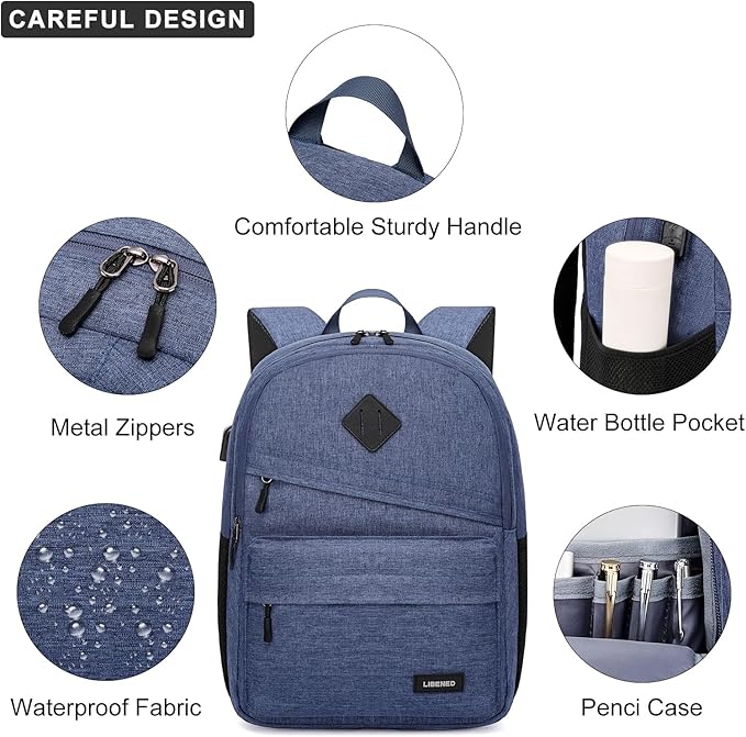 School backpack for Teen Boy, 15.6 inch Laptop Backpack with USB Charging Port, Large Computer Bookbag with Compartments, Ergonomic Straps, Blue