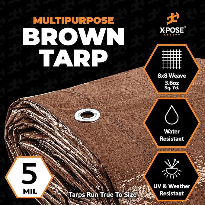 Multipurpose Protective Cover Brown Poly Tarp 12' x 12' - Durable, Water Resistant, Weather Resistant - 5 Mil Thick Polyethylene - by Xpose Safety
