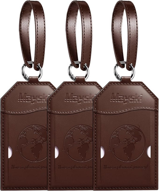 Mayski Luggage Tags for Suitcases 3 Pack Suitcase Bag Tags, TSA Approved, Metal Buckle, Bag Tags with Name ID Card Travel Essentials, Brown Global
