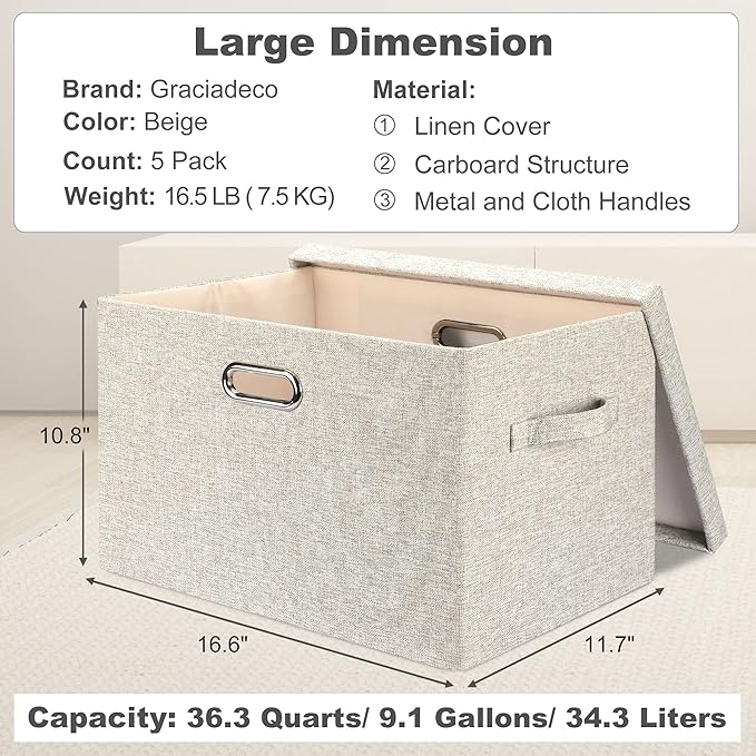 Large 17" 36 Quart Collapsible Stackable Storage Bins with Lids, 5 Packs Beige Linen Fabric Closet Boxes with Lids, Storage Cube Baskets Container Organizers for Bedroom Office(17 x12 x11)