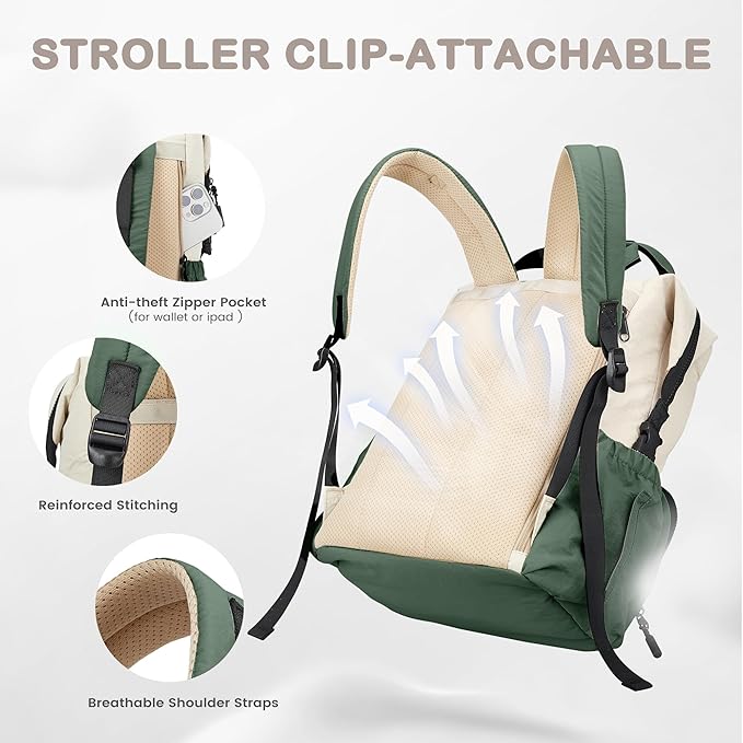 VONAL Diaper Bag Backpack, Lightweight Baby Diaper Bags, Travel Large Diaper Bag with Changing Station, Green Diaper Backpack for Boys Girls Newborn with Insulated Pockets, Stroller Straps