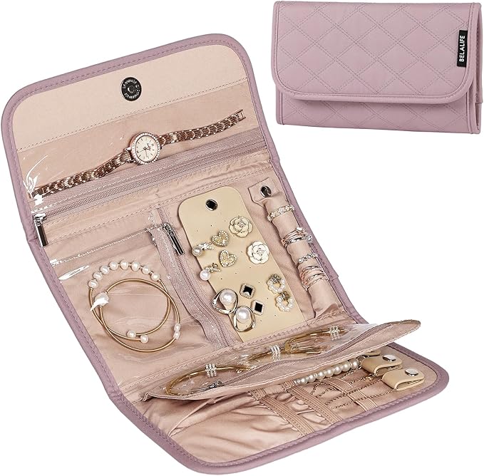 BELALIFE Travel Jewelry Case Organizer, Foldable Storage Roll for Earrings, Necklaces, Rings, Bracelets, Brooches, Peach Pink