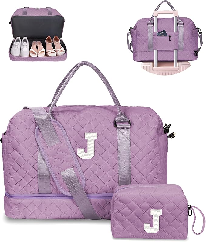 Weekender Bags for Women Travel, Personalized Weekender Bag with Shoulder Strap, Monogram Overnight Bag for Women with Trolley Sleeve & Wet Pocket, Letter Travel Bag (Letter J)