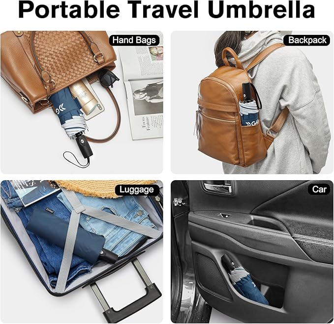 G4Free 42 Inch Eco Windproof Folding Umbrella for Rain & Sun 9 Ribs Wind Resistant Strong Fiberglass Double Canopy with Reflective Strip for Women Men Auto Open Close For Car & Backpack