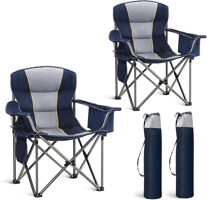 HIGH POINT SPORTS Oversized Portable Camping Folding Chair, Heavy Duty Portable Lawn Chairs, Folding Chairs for Outside with Cup Holder and Cooler Bag for Camp, Travel, Support 450 LBS, 2 Pack,Blue
