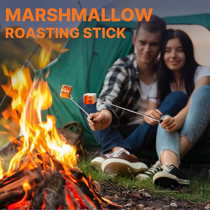 Camping Cooking Utensils Set Grilling Cookware Camp Kitchen Rotating Marshmallow Roasting Sticks BBQ Forks, Portable RV Camping Essentials Camper Must Haves for Cookouts Open Fire Pit