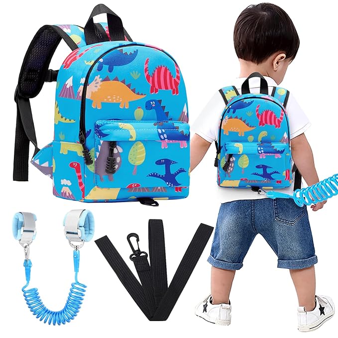 Accmor Toddler Backpack Leash with Anti Lost Wrist Link, Cute Mini Child Walking Harnesses Keep Kids Close Back Pack Rope Tether Rein for Baby Boys (Light Blue/Dino)